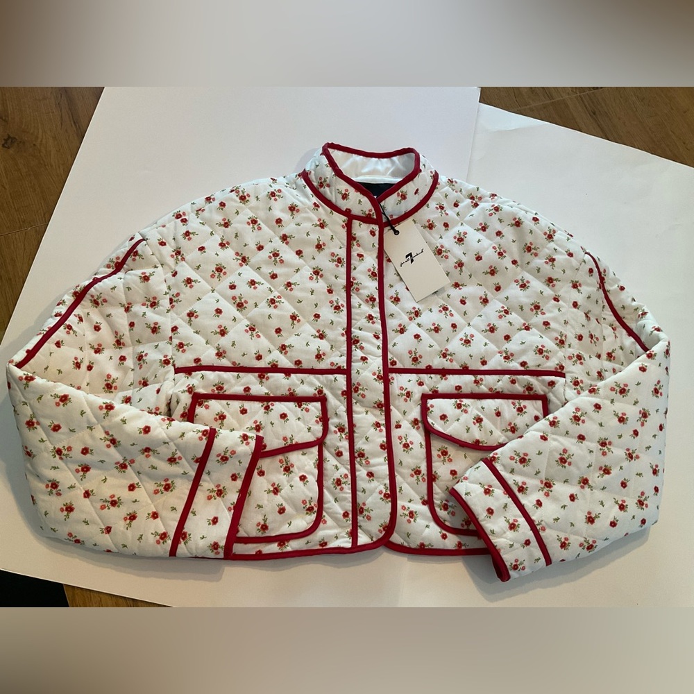 NWT 7 for All Mankind Quilted Flowers Red and White Jacket Coat